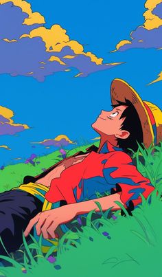 an anime character laying in the grass with his head on his chest and eyes closed