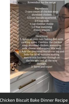 the instructions for how to make a chicken biscuit bake dinner recipe are shown