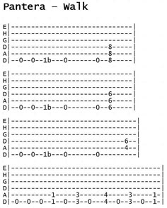 the guitar chords for pantera walk, which are highlighted in black and white text