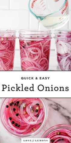 pickled onions in mason jars with text overlay that reads quick and easy pickled onions