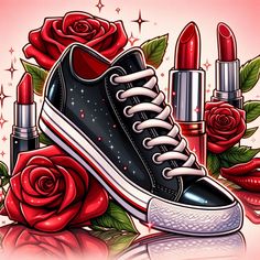 a pair of sneakers with lipstick and roses