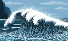 an image of a large wave in the ocean with blue sky and clouds behind it