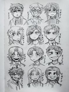 an anime character's face chart with many different facial expressions and hair styles, all drawn