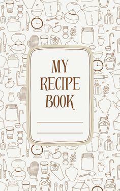 a recipe book surrounded by cooking utensils and other kitchen related items on a white background