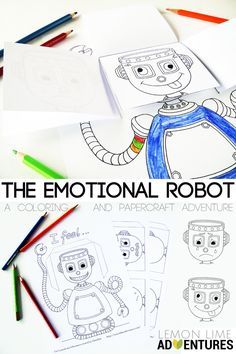 an image of the emotions robot coloring page with crayon pencils and markers