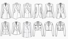 a line drawing of different types of blazers and jackets, all in black and white