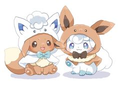 two cartoon animals dressed in costumes sitting next to each other on a white surface with one animal holding the other's hand