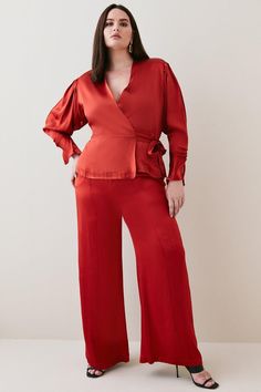 Flowing With Languid Elegance, The Draped Lustre Of The Satin Palazzo Pant Is Bound To Be Your Most Tactile Piece To Date. Pair With The Matching Wrap Shirt And A Polished Hoop Earring For An Ultimately Modern Take On Cohesive Styling.High-Rise Waistinverted Dartingside And Rear Pocketsstraight Loose Legsexpertly Designed For Those Size 18 And Above, Our Plus Size Clothing Collection Is Perfectly Proportioned To Ensure You Look Fashionable At Every Shape.Style: Wide Leg Pantsfabric: Wovenlength: Elegant Satin Wide Leg Pants For Night Out, Chic Satin Wide Leg Pants For Party, Chic Wide Leg Satin Pants For Party, Elegant Satin V-neck Sets, Chic Silk Wide Leg Sets, Elegant Silk Wide Leg Set, Chic Silk Sets With Wide Leg, Elegant Wrap Bottoms For Spring, Elegant Spring Wrap Bottoms