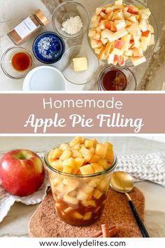 homemade apple pie filling in a glass bowl on a cutting board with apples and other ingredients