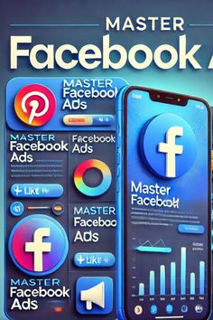 the master facebook ads app is displayed on an iphone and in front of it are icons