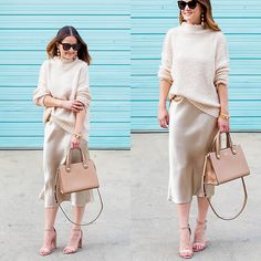 Gold Silk Skirt Outfit, Beige Satin Skirt Outfit, Slip Dress Outfit, Bauble Bar, Skirt Inspiration, Julie Vos