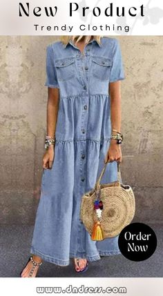 Casual Solid Make Old Turndown Collar Short Sleeve High Waist Regular Denim Dresses Casual Medium Wash Dress With Pockets, Casual Solid Color Denim Dress, Casual Medium Wash Denim Dress With Pockets, Casual Solid Color Denim Summer Dress, Spring Casual Solid Color Denim Dress, Casual Non-stretch Denim Dress For Fall, Solid Color Denim Dress For Summer, Casual Denim Dress For Fall, Summer Solid Color Denim Dress