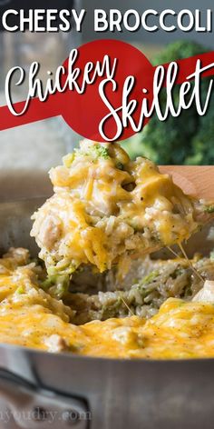 chicken and broccoli skillet recipe in a pan with a wooden spoon