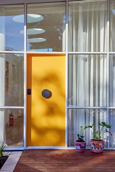 two potted plants sit in front of a yellow door