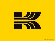 the letter k is made up of black and yellow stripes on a yellow background,