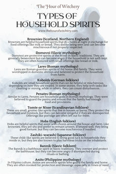 the types of household spirits in england and wales, with their names on each page