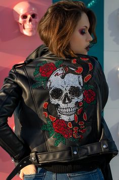 Crystal Skull & Roses Biker Jacket | Black Leather Jacket by Americano Crystals - Goth Clothing, Custom Jacket, Punk JacketAppreciate the beauty and decay of life and death. Rock your outfit while staying chic with this skull and roses leather jacket decorated in crystals. A symbol of duality and balance of philosophies, it is not just a jacket but a work of art.About this Jacket: For our Black Goth Skull Jacket, the design is hand painted by our artists to get the most intricate detail. The Celebrities Leather Jacket, Womens Black Leather Jacket, Goth Clothing, Leather Jacket Style, Moda Jeans, Leather Jacket Outfits, Skulls And Roses