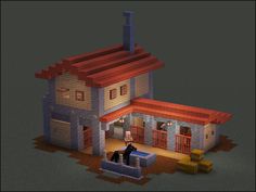 a low poly model of a house with a man sitting on the porch and another person standing outside