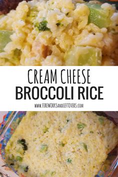 broccoli rice casserole on a plate with the words cream cheese broccoli rice