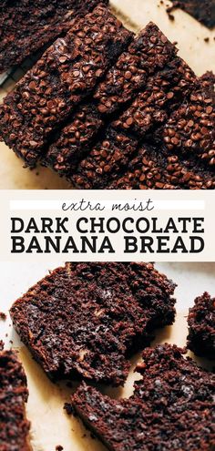 chocolate banana bread cut in half and stacked on top of each other with text overlay