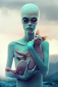 an alien holding a cat in its arms