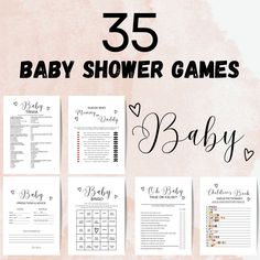 the 25 baby shower games are on display in front of a pink watercolor background