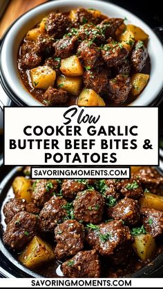 two bowls filled with cooked garlic butter beef bites and potatoes