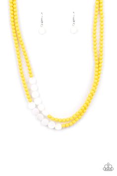 A summery collection of shiny white shell-like discs and dainty yellow beads are threaded along invisible wires, creating colorful layers falling below the collar. Features an adjustable clasp closure.

 Sold as one individual necklace. Includes one pair of matching earrings. Mobile Boutique, Rose Gold Frame, Yellow Necklace, Paparazzi Accessories, White Rhinestone, Pink Beads, Blue Necklace, Paparazzi Jewelry, Chic Accessories