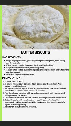 the ingredients for butter biscuits are shown in this recipe book, which includes instructions on how to make them