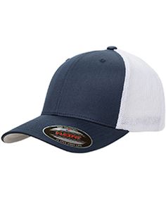 Adult 6-Panel Trucker Cap - NAVY/ WHITE - OS | Flexfit Adult 6-Panel Trucker Cap in Navy Blue/White FF, MC, W, T Mens Trucker Hat, White Charcoal, Mesh Cap, Custom Hats, Black Charcoal, Fitted Hats, Hat Sizes, Trucker Cap, Heat Transfer