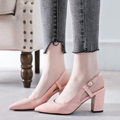 Size- 5.5 Material: Upper: Pu; Outsole: Rubber; Lining: Pu Color: Pink Brand New. Never Been Used. Casual Summer Slingback Pumps With Buckle Closure, Casual Pointed Toe Heels With Heel Strap, Casual Heels With Heel Strap And Pointed Toe, Summer Block Heels With Pointed Toe Medium Width, Summer Block Heels With Pointed Toe And Medium Width, Spring Block Heels With Buckle Closure And Pointed Toe, Casual High Heel Slingback Pumps For Summer, Summer Pointed Toe Block Heels With Buckle Closure, Spring Trendy Block Heels With Buckle Closure