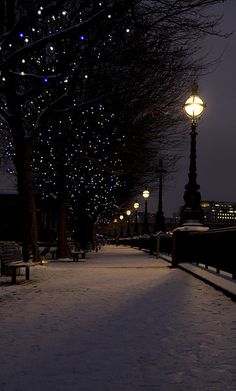 a snowy sidewalk with benches and street lights