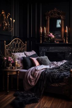 a bedroom with black walls and wood flooring is lit by candlelight, along with an ornate gold bed frame