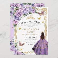 purple and gold princess birthday party save the date card with roses, butterflies and butterfly wings