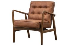 a brown leather chair sitting on top of a wooden frame