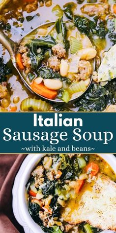 italian sausage soup with kale and beans in a white bowl