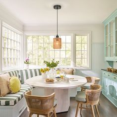 a kitchen with green cabinets and white table in the center surrounded by wooden stools