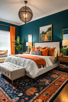 Boho Bedroom. The bold blend of deep teal, bright orange, and crisp white creates a lively haven that's perfect for relaxation. Design Ložnic, Interior Room, Fantasy Homes, Master Bedrooms Decor, Home Design Decor, Dream House Decor, Complementary Colors, Boho Bedroom, Bedroom Colors