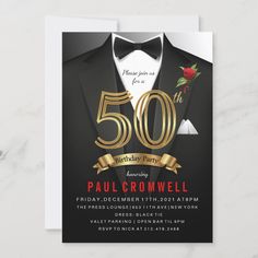 a 50th birthday party card with a tuxedo