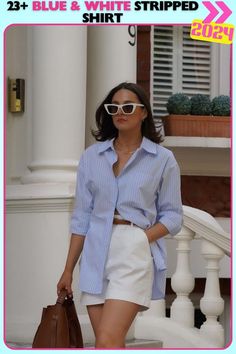 Urban cool vibe with an oversized blue and white striped shirt and white shorts, creating a modern and effortlessly stylish look. Ideal for casual meetups, offering comfort with a touch of city flair. Oversized Shirt Outfit, White Shorts Outfit, Oversized Striped Shirt