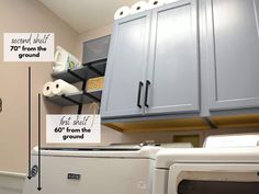 a laundry room with gray cabinets and white washer and dryer next to it