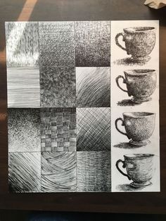 pencil drawings of coffee cups on top of a wooden table