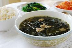 several pictures of food including soup, vegetables and meat in white bowls on a table