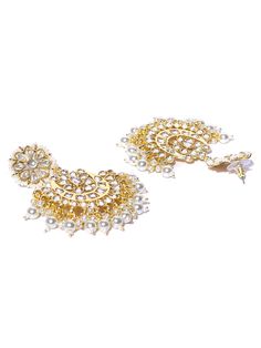 This impressive jewelry set consists of a drop necklace and a pair of chandbali earrings. The crescent-shaped beaded necklace shown in off-white color comes gold-plated with kundan stone studs, and secured with an adjustable drawstring closure. A pair of matching chandbali earrings come secured with a post and back closure. This eye-catching set can add impact to any outfit for any festive occasion! Get ready for compliments! Product color may vary based on the monitor or screen you are using.Se White Beaded Necklaces, Crescent Necklace, Chandbali Earrings, Crescent Shape, Stone Studs, Off White Color, Drop Necklace, White Beads, Necklace Earring Set