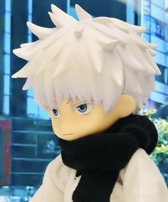 an anime character with white hair and blue eyes wearing a black scarf in front of a building