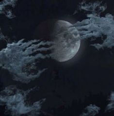 the moon is shining brightly in the dark night sky with clouds and trees around it