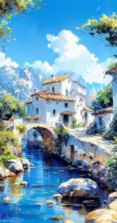 a painting of a river running through a village