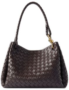 Elegant Woven Leather Shoulder Bag For Travel, Luxury Tote Shoulder Bag With Braided Handles, Luxury Handheld Hobo Bag For Office, Elegant Woven Leather Hobo Bag For Daily Use, Luxury Shoulder Bag With Braided Handles For Daily Use, Elegant Woven Leather Hobo Bag For Travel, Classic Intrecciato Weave Shoulder Bag For Daily Use, Elegant Brown Woven Leather Bag, Formal Brown Woven Leather Shoulder Bag