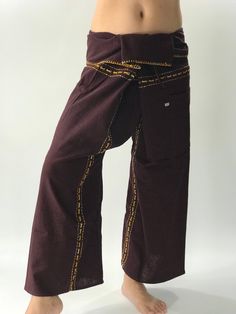 "Unisex Thai fisherman pants. One size fits all. You can wear in many occasions, casual wear, yoga wear, maternity wear, relax at home, travel etc. If you are looking for some pants that you can wear everywhere, comfortable, relax and Easy to wear. Thai fisherman pants is Answer!! Nice gift for yourself or your lover One pocket on the side for storing your items such as wallets, mobile phones, etc Approx. Measurements: One size can fits most and 1 Pockets Measurement Waist 27\" (69 cms) Length 4 Stretch Cotton Brown Cargo Pants, Stretch Brown Cotton Cargo Pants, Brown Stretch Cotton Cargo Pants, Long Yoga Pants With Hip Pockets, Yoga Pants With Hip Pockets For Yoga, Long Yoga Pants With Hip Pockets For Yoga, Full Length Yoga Pants With Hip Pockets, Ankle-length Yoga Pants With Pockets, Brown Full Length Yoga Pants