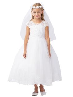 5730_1_6.jpg?0 White Communion Dress, Girls First Communion Dresses, Tea Length Tulle, Girls Communion Dresses, Holy Communion Dresses, Girls Ball Gown, First Communion Dress, Girls White Dress, First Communion Dresses